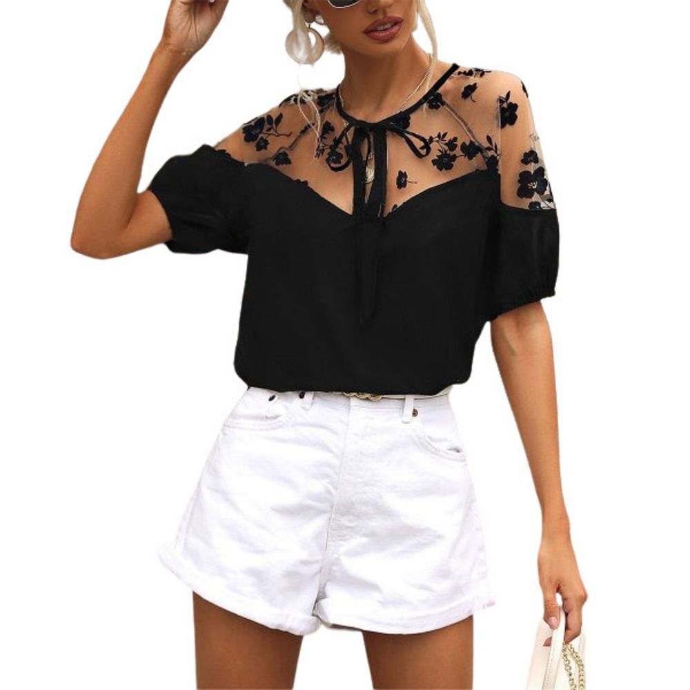 Simple Flavor Black Floral Lace Accent Tie Neck Half Sleeve Top Size L